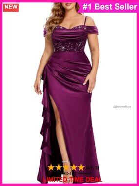 Plus Size Off Shoulder Split Satin Mermaid Formal Bridesmaid Maxi Dress
